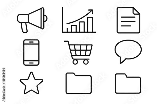 Content Marketing Icons. Outline icon set of content marketing: megaphone, graph, document, smartphone,