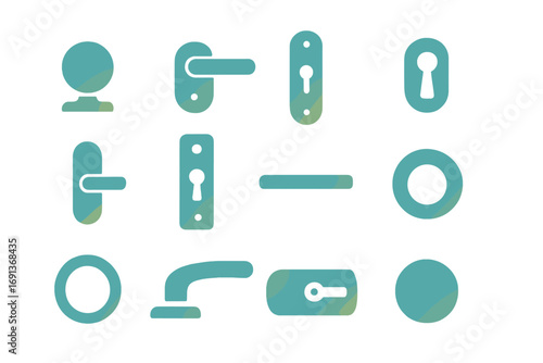 Gradient Door Handle Icons. Gradient icons set of door knobs and handles: round doorknob, lever handle, escutcheon plate, keyhole,