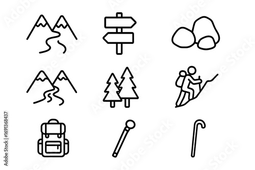 Hiking Icons Grid. Outline icon set of Mountain hiking paths: trail, signpost, rocks, river, pine trees,