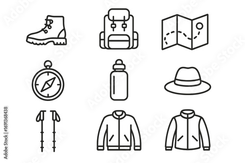 Hiking Essentials Icons. Outline icon set of Hiking essentials: boots, backpack, map, compass, water bottle,