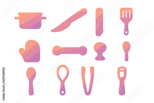 Gradient Kitchen Icons. Gradient icons set of kitchen and utensils handles: pot handle, pan grip, knife handle, spatula loop,