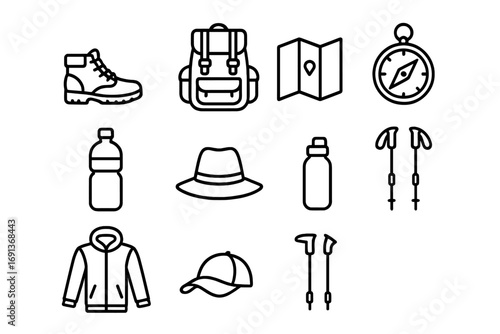 Hiking Essentials Icons. Outline icon set of Hiking essentials: boots, backpack, map, compass, water bottle,