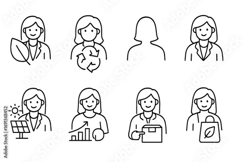 Sustainable Business Icons. Outline icon set of women in sustainable businesses: leaf, recycle arrows, woman