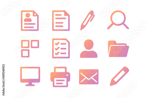 Gradient Resume Icon Set. Gradient icons set of resume and cover letter revamp: resume document, cover letter sheet, pen,