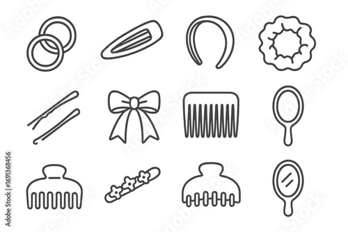 Hair Accessories Icons. Outline icon set of Hair accessories: hair ties, clips, headband, scrunchie, bobby
