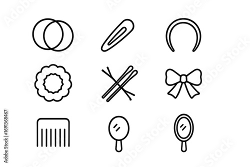 Hair Accessories Icons. Outline icon set of Hair accessories: hair ties, clips, headband, scrunchie, bobby