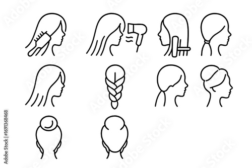 Hair Styling Icons. Outline icon set of Hair styling techniques: brushing, blow-drying, straightening, curling