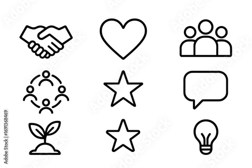 Community Icons Grid. Outline icon set of community over competition: handshake, heart, group of people,