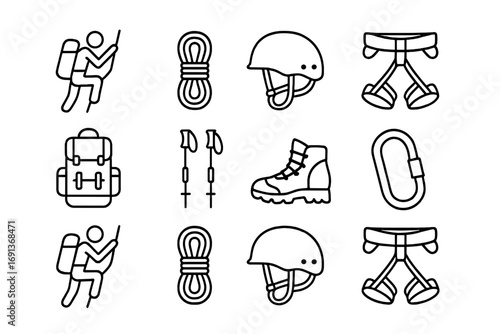 Trekking Icon Set. Outline icon set of Trekking and mountaineering: climber, rope, helmet, harness, backpack,