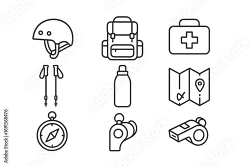 Outdoor Safety Gear Icons. Outline icon set of Outdoor safety gear: helmet, backpack, first aid kit, trekking