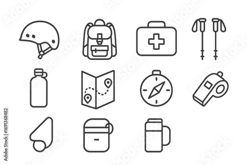 Outdoor Safety Gear Icons. Outline icon set of Outdoor safety gear: helmet, backpack, first aid kit, trekking