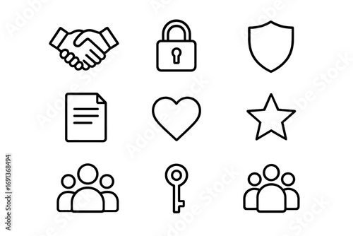 Trust Icon Set. Outline icon set of building trust: handshake, lock, shield, document, heart, star, group of