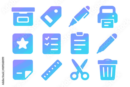 Gradient Storage Icons. Gradient icons set of labeling storage boxes: storage box, label tag, marker pen, label printer, icon