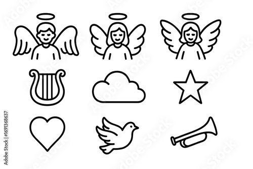 Heavenly Icons Grid. Outline icon set of a pair of winged angels in a heavenly realm: angel wings, halo, harp,