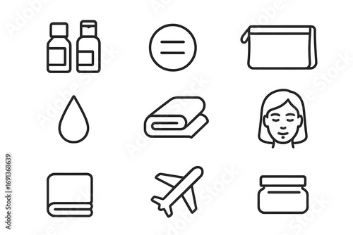 Travel Skincare Icons. Outline icon set of travel skincare essentials: mini bottles, cotton pad, pouch,