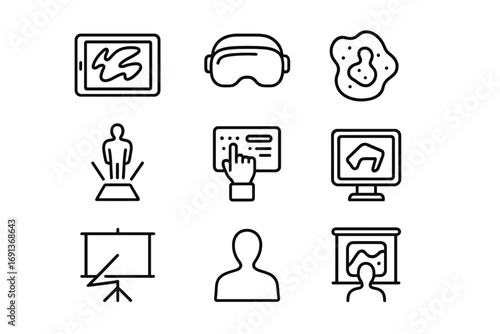 Digital Art Icons. Outline icon set of Digital art installations: tablet screen, VR headset, abstract digital