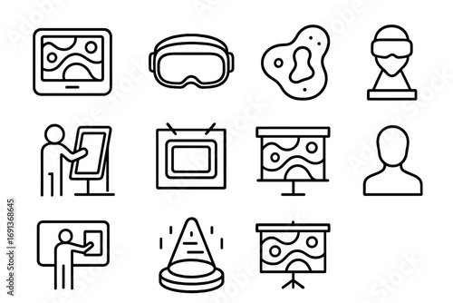 Digital Art Icons. Outline icon set of Digital art installations: tablet screen, VR headset, abstract digital