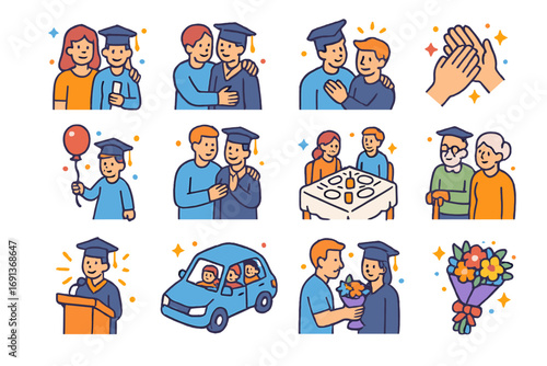 Graduate Family Icons. Colorful isometric vector icons set of graduate family moments: family photo, parent hug, clapping hands,