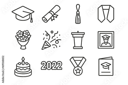 Graduation Icons Set. Outline icon set of Graduation celebration: mortarboard cap, diploma scroll, tassel, graduation sash, flower