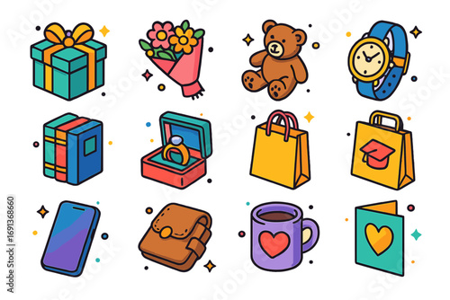 Graduation Gift Icons. Colorful isometric vector icons set of graduation gifts: gift box, bouquet of flowers, stuffed bear,