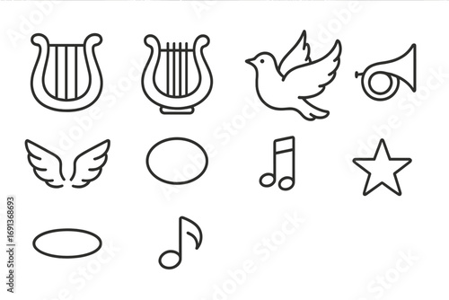 Sacred Music Icons. Outline icon set of sacred harmony: harp, lyre, trumpet, dove, wings, halo, music note,