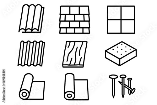 Roofing Materials Icons. Outline icon set of Roofing materials flat lay: clay tiles, asphalt shingles, slate