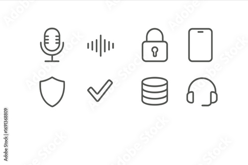 Voice Authentication Icons. Outline icon set of voice authentication: microphone, sound waves, lock,