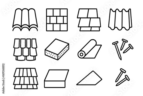 Roofing Materials Icons. Outline icon set of Roofing materials flat lay: clay tiles, asphalt shingles, slate