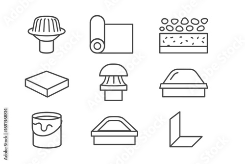 Flat Roof Essentials Icons. Outline icon set of Flat roof essentials: drainage outlet, waterproof membrane,