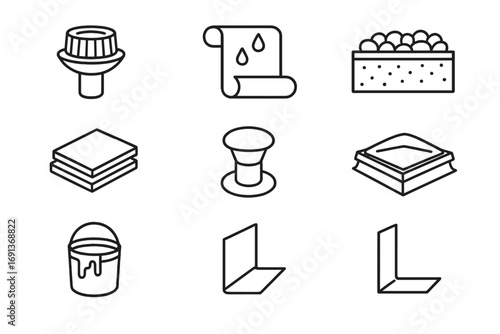 Flat Roof Essentials Icons. Outline icon set of Flat roof essentials: drainage outlet, waterproof membrane,