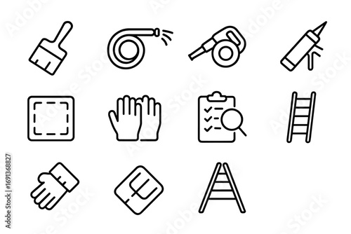 Roofing Tools Icons. Outline icon set of Roofing maintenance: brush, water hose, leaf blower, sealant tube,