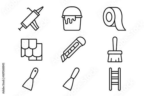 Roof Repair Tools Icons. Outline icon set of Roof repair kit: caulking gun, tar bucket, repair tape,