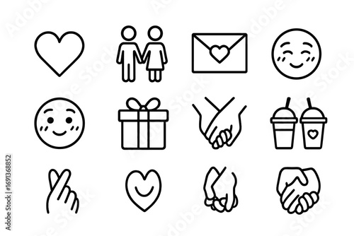 First Love Icons. Outline icon set of First moments of love: heart symbol, couple holding hands, love letter,