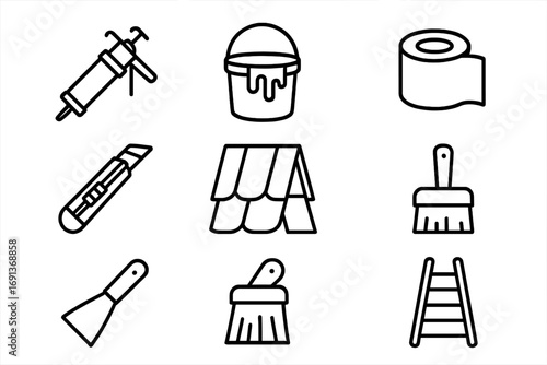 Roof Repair Tools Icons. Outline icon set of Roof repair kit: caulking gun, tar bucket, repair tape,
