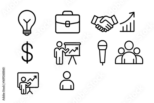 Entrepreneur Icon Set. Outline icon set of entrepreneur pitching idea to investors: light bulb, briefcase,