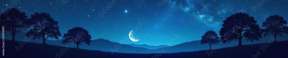Fototapeta premium Silhouetted trees against a starlit sky, ethereal moonlight illuminating a tranquil, nocturnal landscape Perfect for meditation, spirituality, and nighttime themes , darkness, moon, belief
