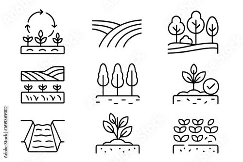 Sustainable Farming Icons. Outline icon set of Sustainable land use: crop rotation, contour plowing,