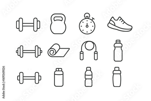 Fitness Icon Set. Outline icon set of fitness training: dumbbell, kettlebell, stopwatch, running shoe, barbell
