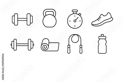 Fitness Icon Set. Outline icon set of fitness training: dumbbell, kettlebell, stopwatch, running shoe, barbell