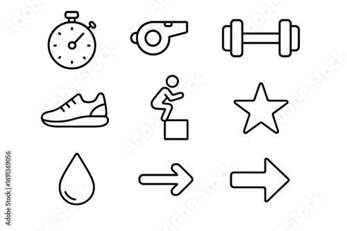 HIIT Icon Set. Outline icon set of HIIT sessions: stopwatch, whistle, dumbbell, running shoe, box jump, star,