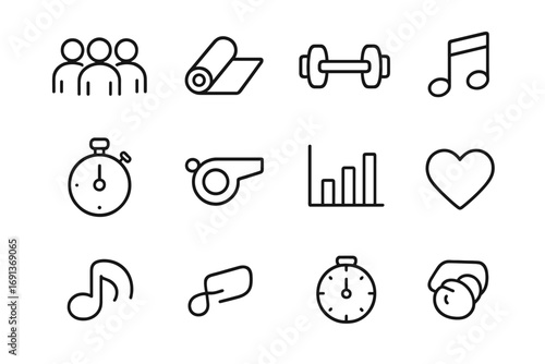 Fitness Icon Set. Outline icon set of group fitness classes: group of people, yoga mat, dumbbell, music note,