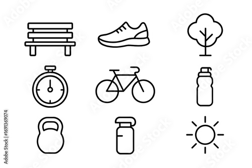 Outdoor Fitness Icons. Outline icon set of outdoor fitness: park bench, running shoe, bicycle, tree, stopwatch
