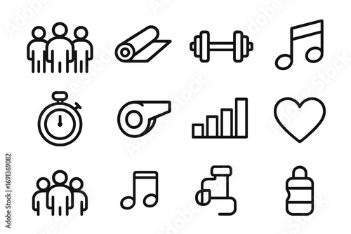 Fitness Icon Set. Outline icon set of group fitness classes: group of people, yoga mat, dumbbell, music note,
