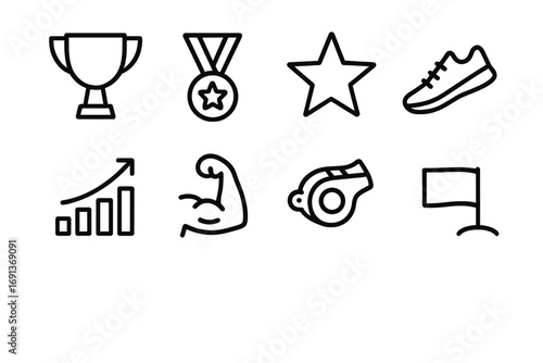 Sports Motivation Icons. Outline icon set of sports motivation: trophy, medal, star, running shoe, chart,