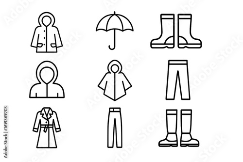 Rain Gear Icons. Outline icon set of rain and wind protection: raincoat, umbrella, waterproof boots, hood,