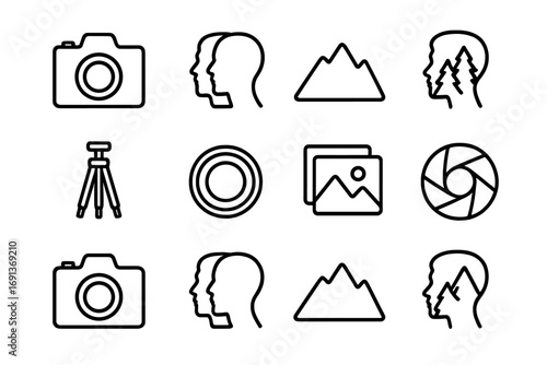 Double Exposure Icons. Outline icon set of Double exposure photography: camera, overlapping faces, mountain