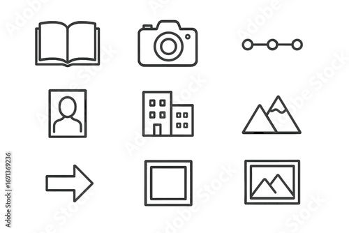 Photographic Icon Set. Outline icon set of Photographic storytelling: open book, camera, timeline, portrait,