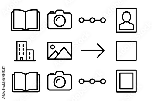 Photographic Icon Set. Outline icon set of Photographic storytelling: open book, camera, timeline, portrait,