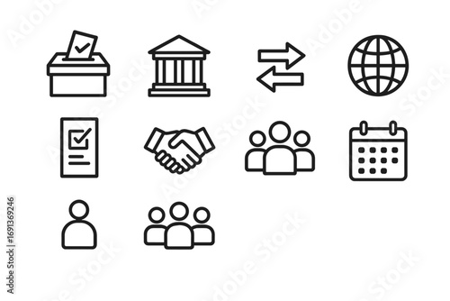 Electoral System Icons. Outline icon set of electoral system types: ballot box, parliament building, arrows,