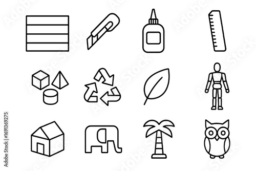 Cardboard Sculpture Icons. Outline icon set of cardboard sculptures: cardboard sheet, cutter, glue, ruler,